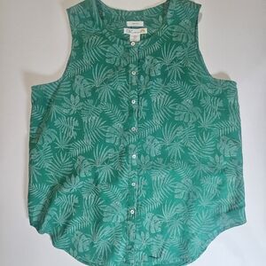 C&C California Linen Top Womens Medium Green White‎ Tropical Palm Coastal Luxury